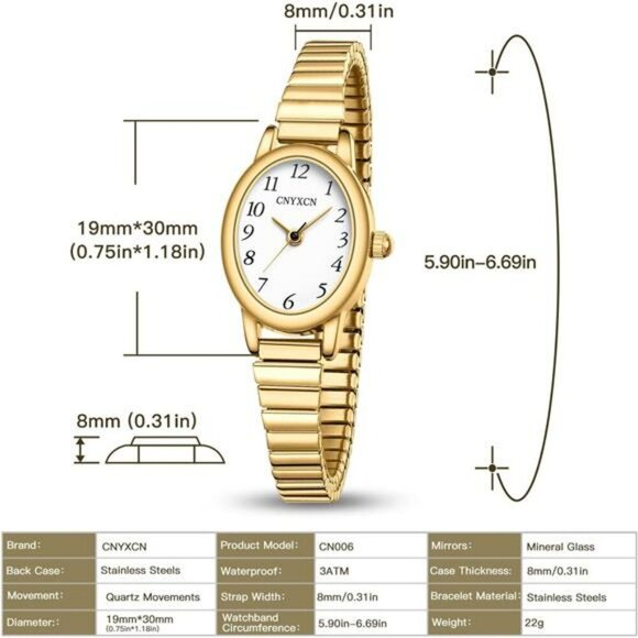 Gold Womens Watch Stretch Band Analog Quartz Water Resistant Easy Read Dial - Picture 3 of 7